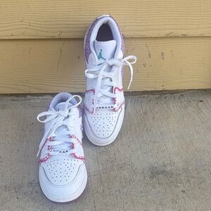 Jordan Kids White and Red Sneakers with Purple Accents